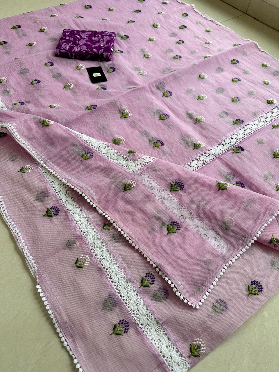 Embroidered Kota Cotton Doria Saree