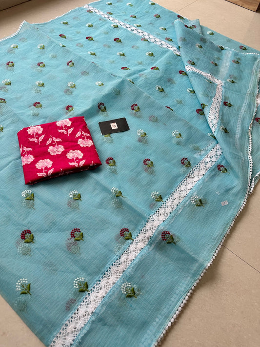 Embroidered Kota Cotton Doria Saree