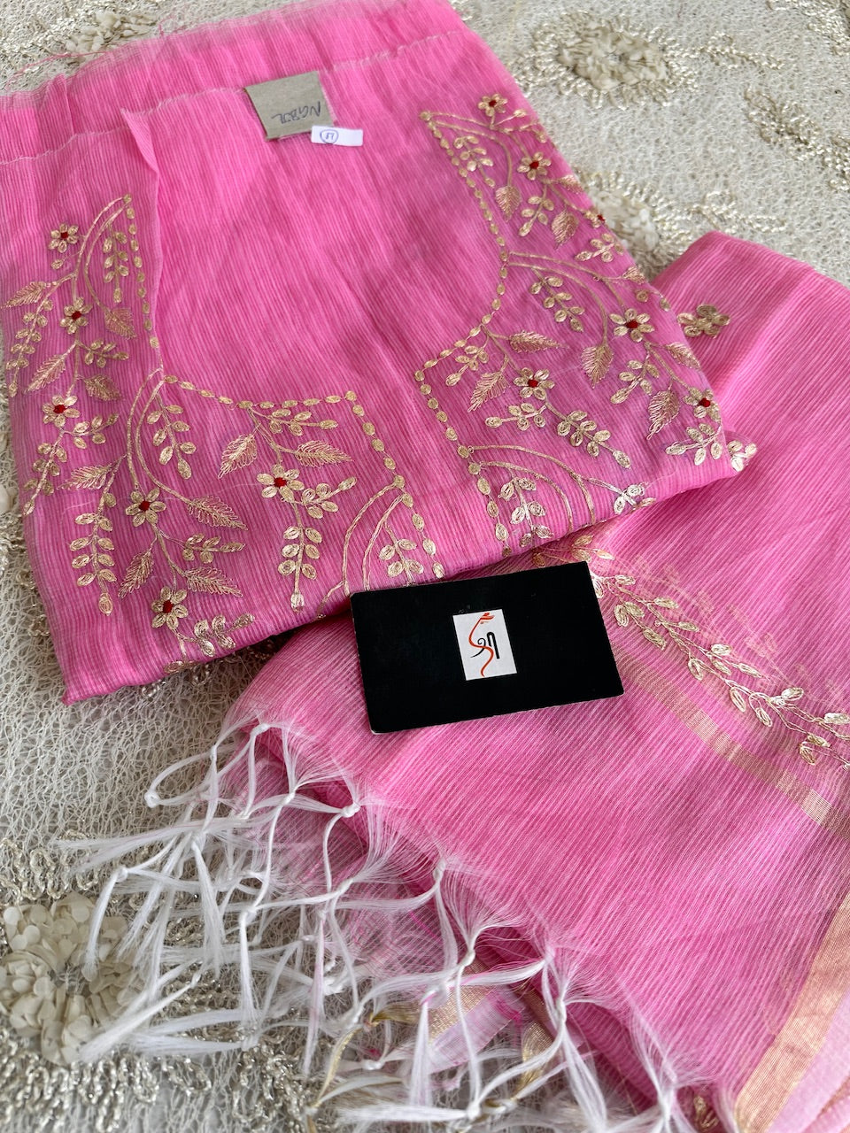 Jaipuri Pita Work Embroidered Kota Cotton Doria Top N Dupatta (Suit)