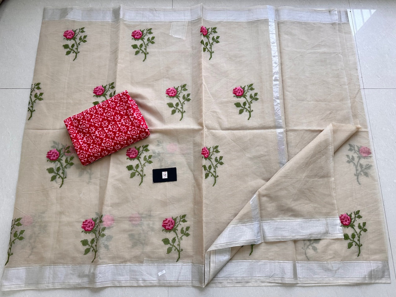 Embroidered Kota Cotton Doria Saree