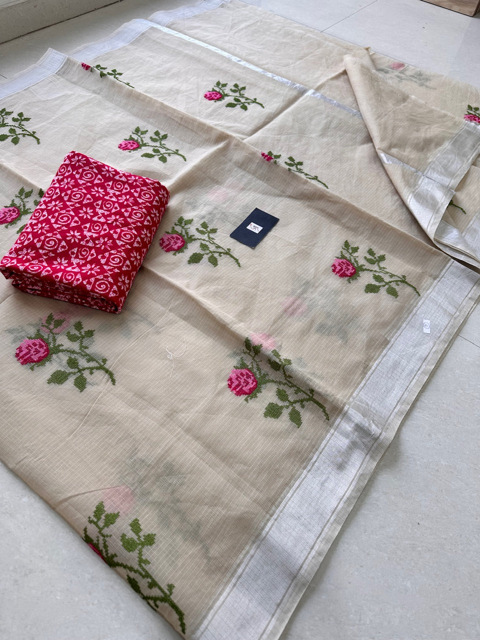 Embroidered Kota Cotton Doria Saree