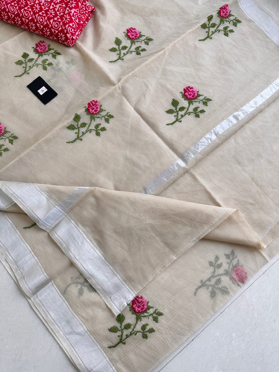 Embroidered Kota Cotton Doria Saree