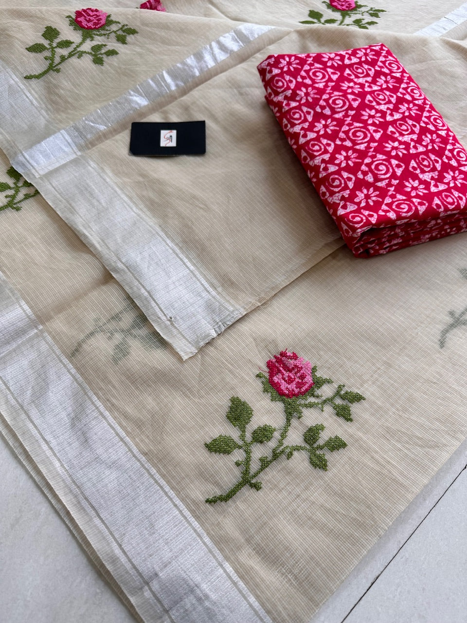 Embroidered Kota Cotton Doria Saree