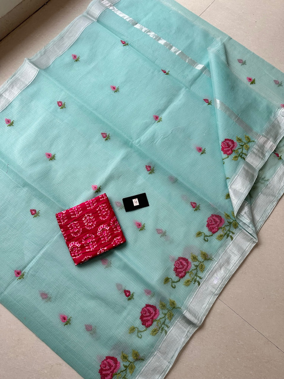 Embroidered Kota Cotton Doria Saree