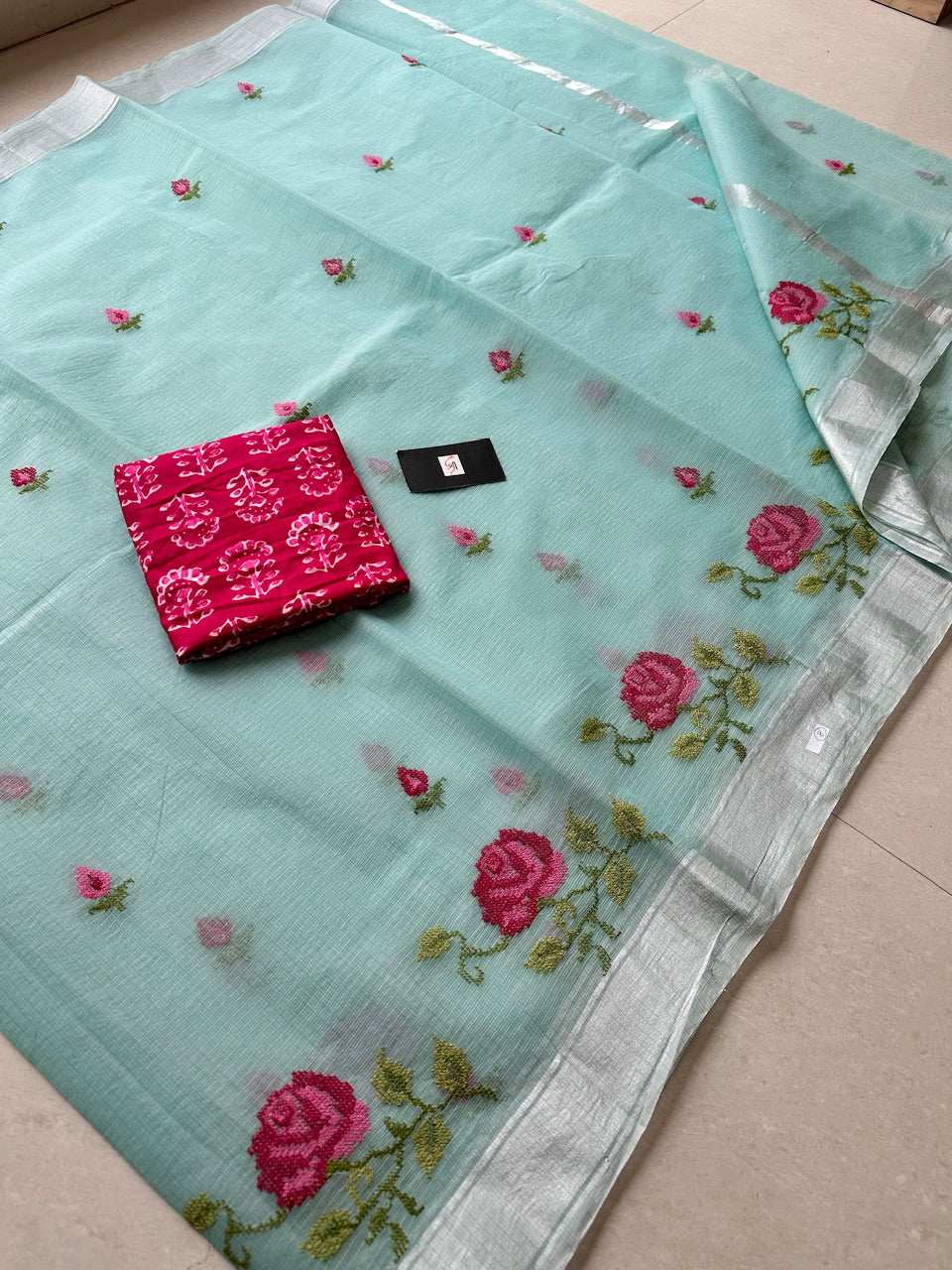 Embroidered Kota Cotton Doria Saree