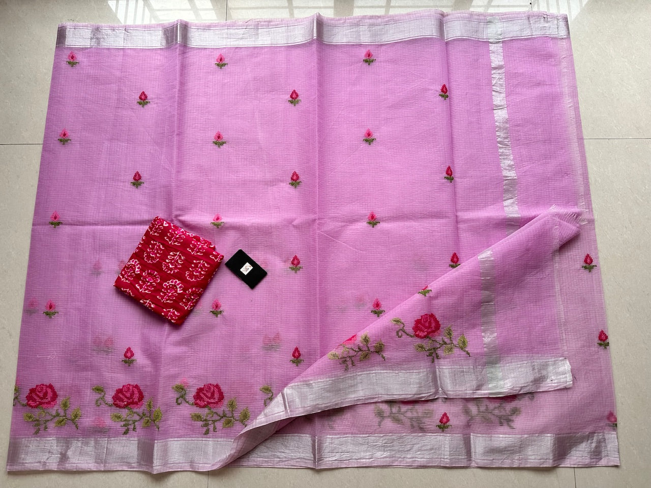 Embroidered Kota Cotton Doria Saree