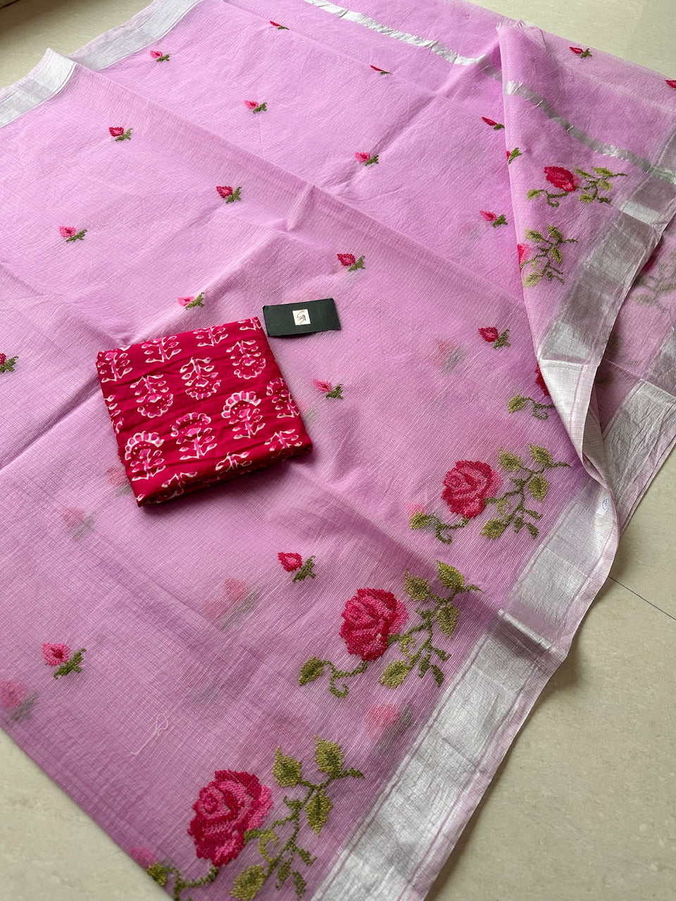 Embroidered Kota Cotton Doria Saree