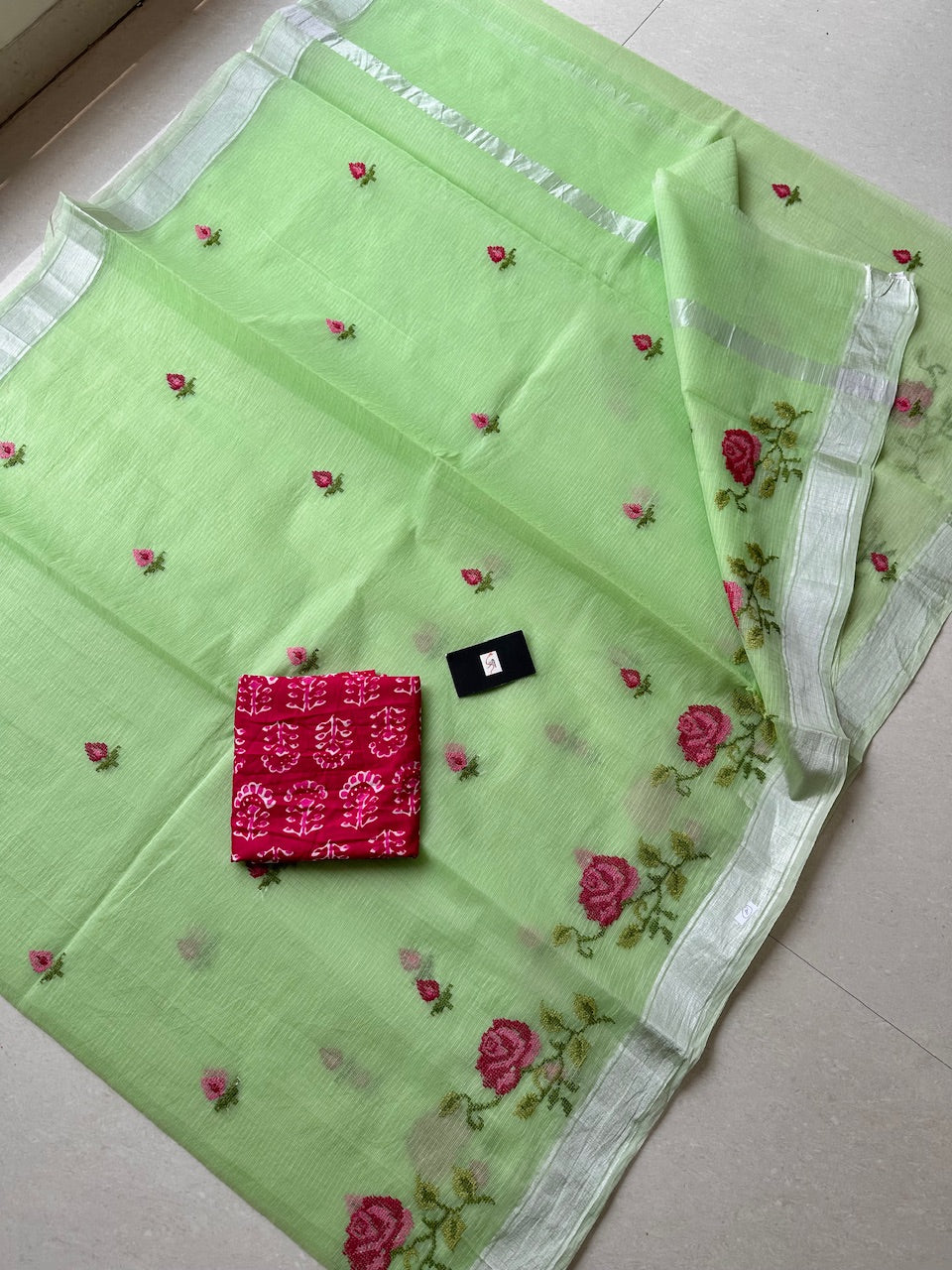 Embroidered Kota Cotton Doria Saree