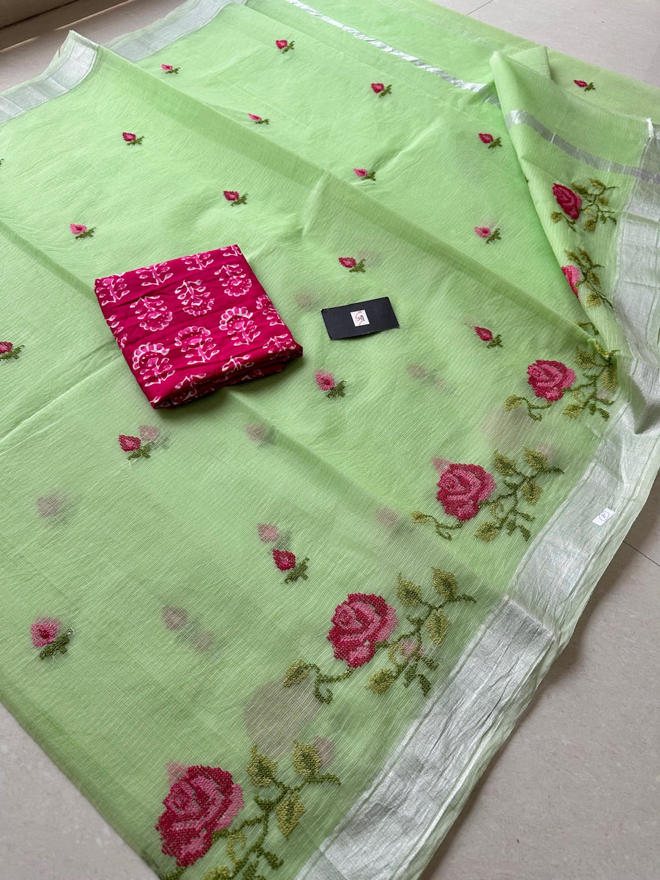 Embroidered Kota Cotton Doria Saree