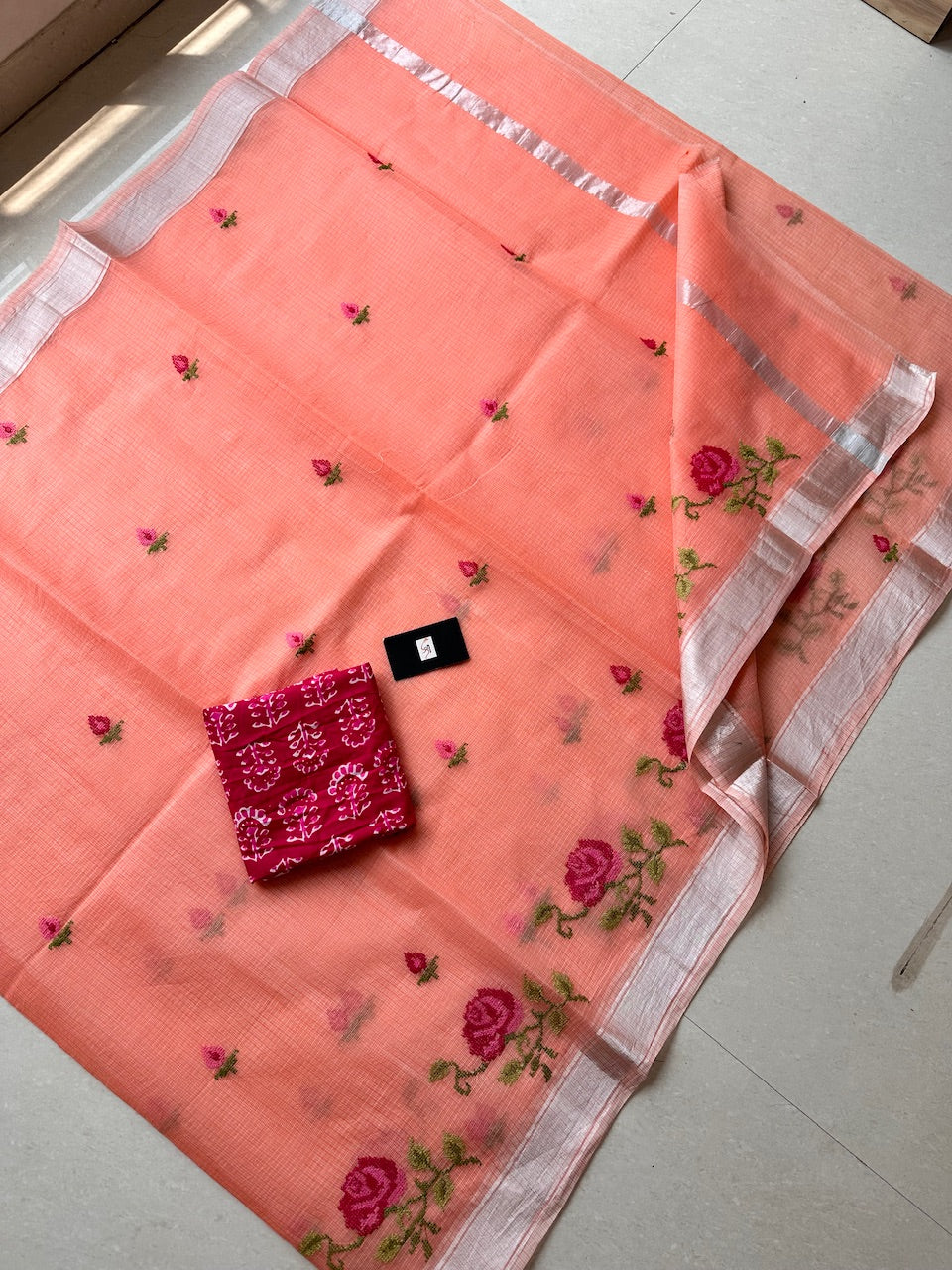 Embroidered Kota Cotton Doria Saree