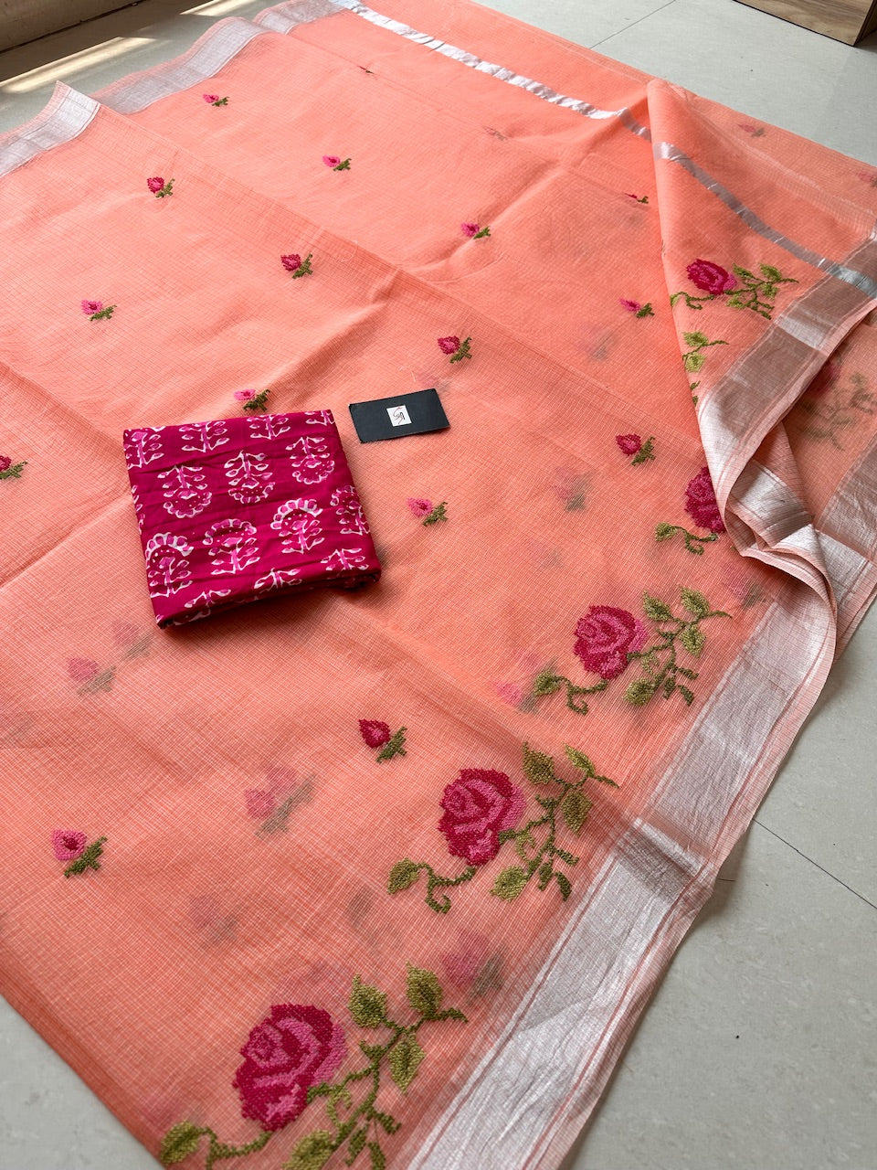 Embroidered Kota Cotton Doria Saree