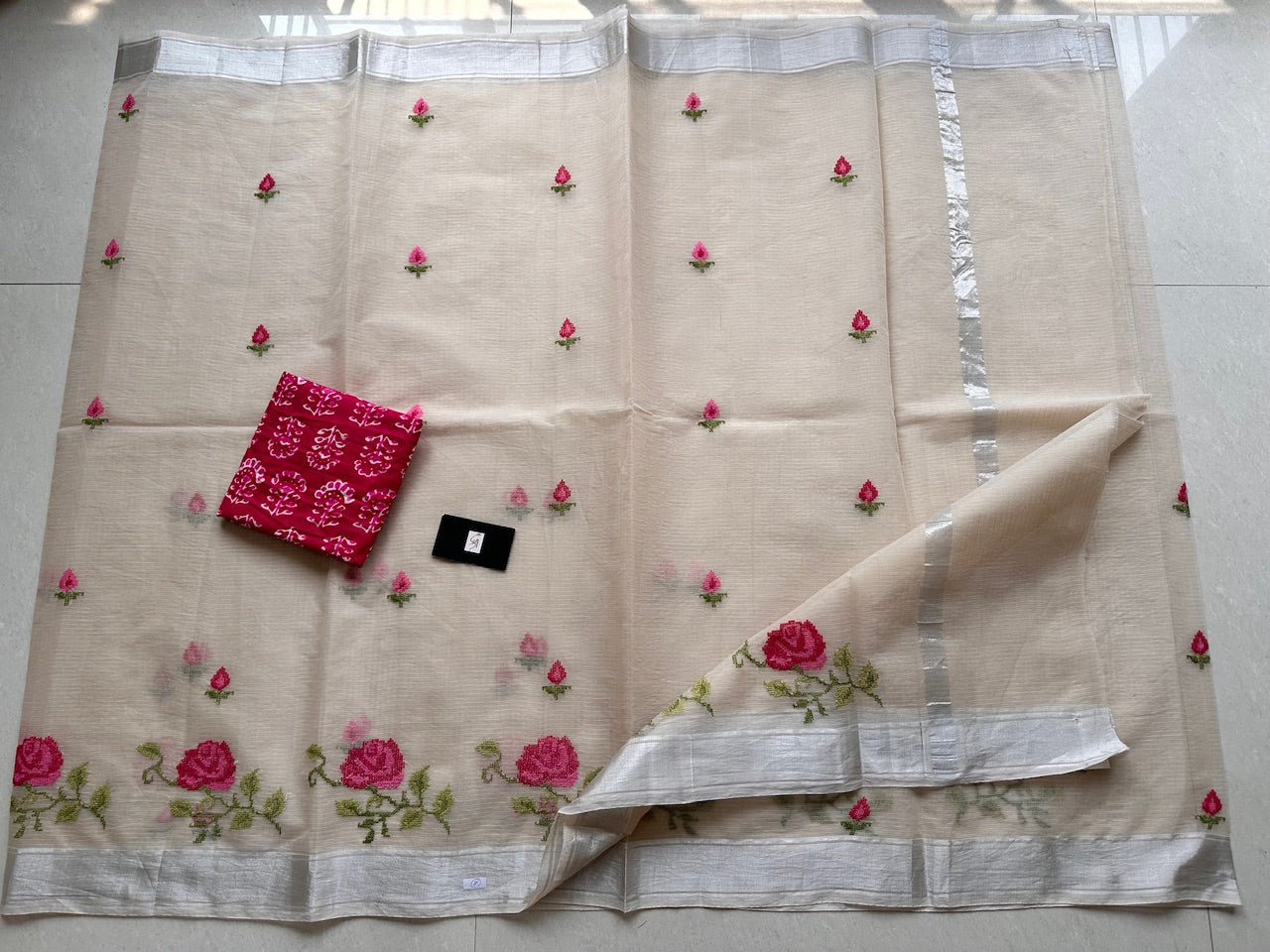 Embroidered Kota Cotton Doria Saree