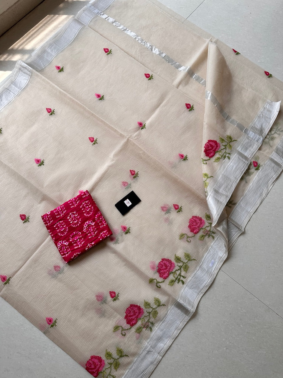 Embroidered Kota Cotton Doria Saree