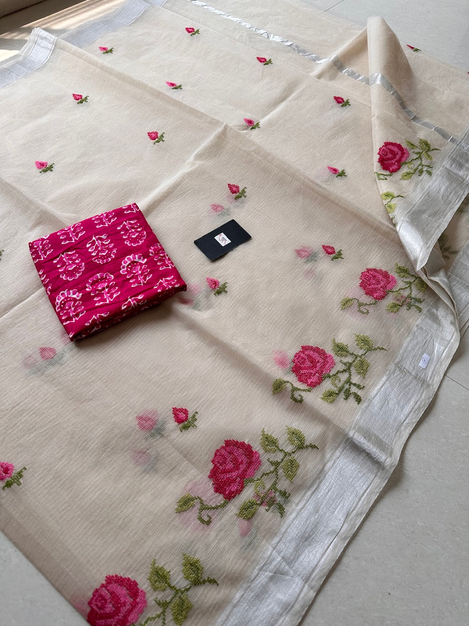 Embroidered Kota Cotton Doria Saree