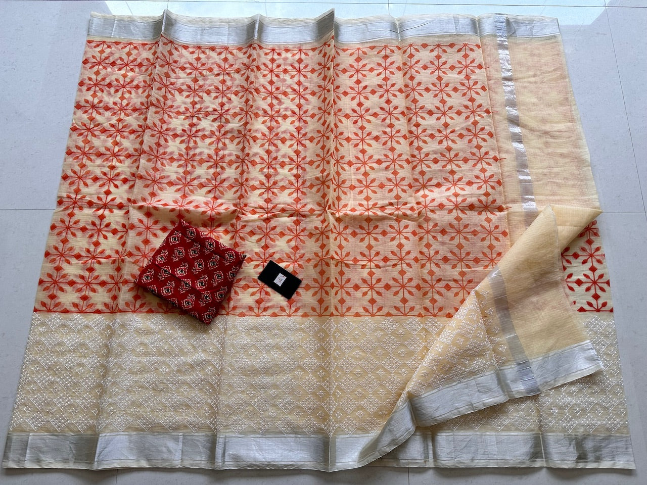 Embroidered HandBlock Printed Kota Cotton Doria Saree