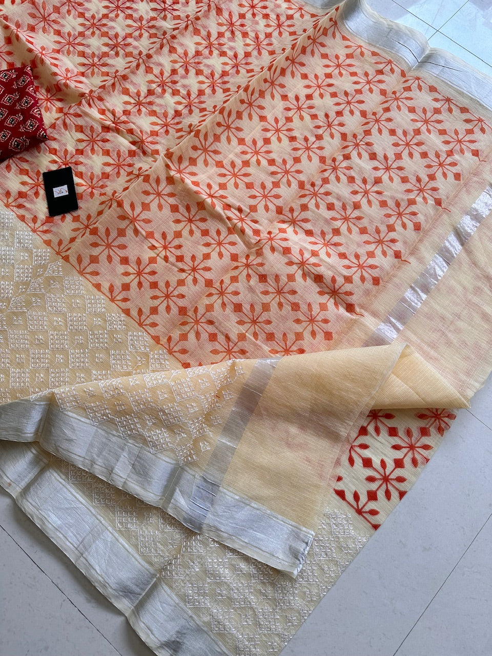 Embroidered HandBlock Printed Kota Cotton Doria Saree