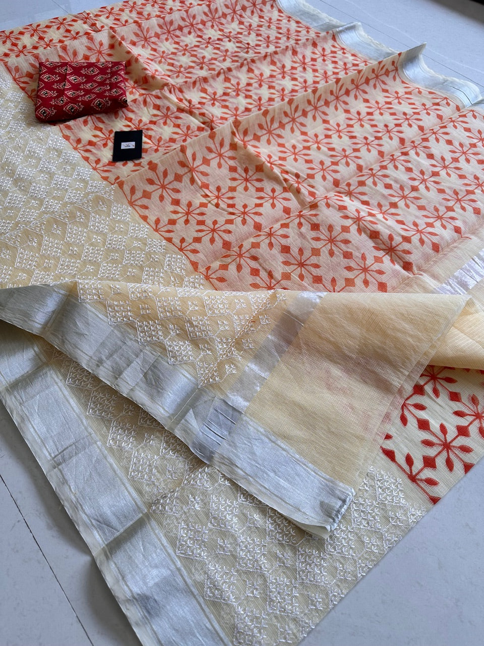 Embroidered HandBlock Printed Kota Cotton Doria Saree