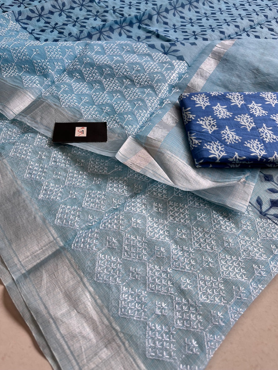 Embroidered HandBlock Printed Kota Cotton Doria Saree