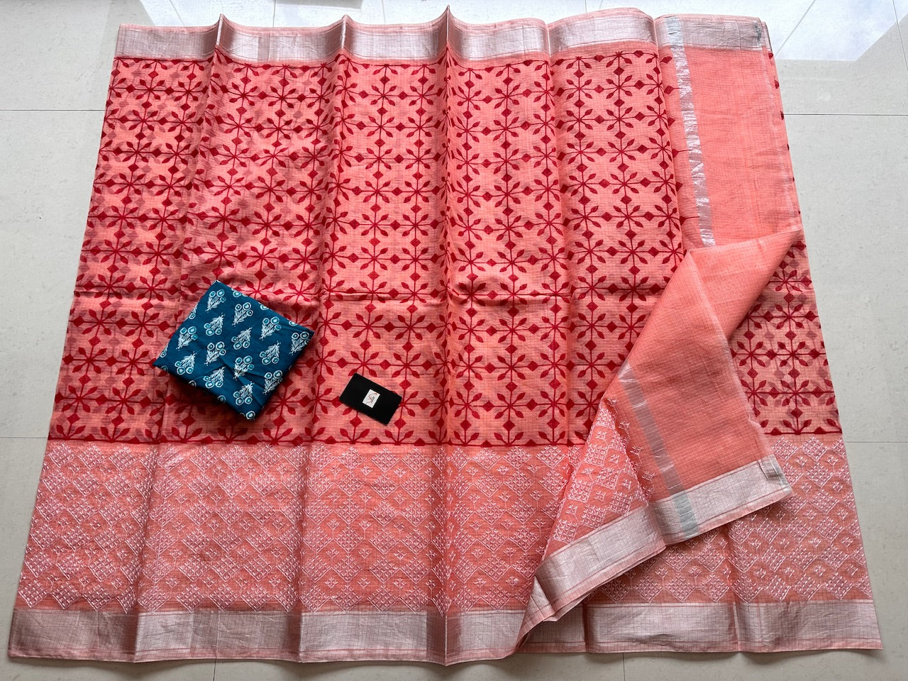 Embroidered HandBlock Printed Kota Cotton Doria Saree