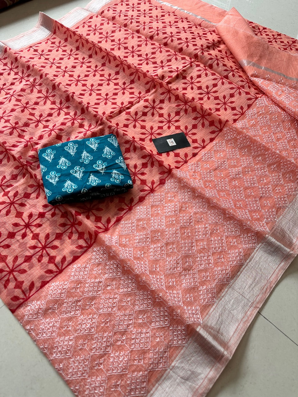 Embroidered HandBlock Printed Kota Cotton Doria Saree