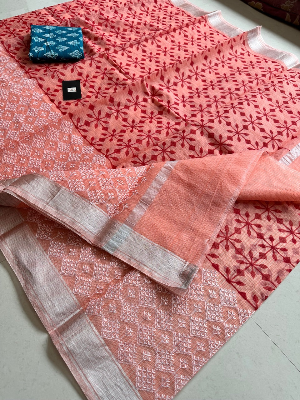 Embroidered HandBlock Printed Kota Cotton Doria Saree