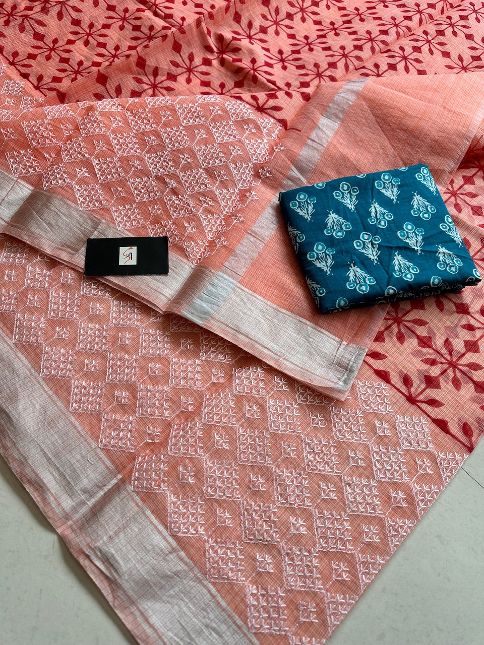 Embroidered HandBlock Printed Kota Cotton Doria Saree