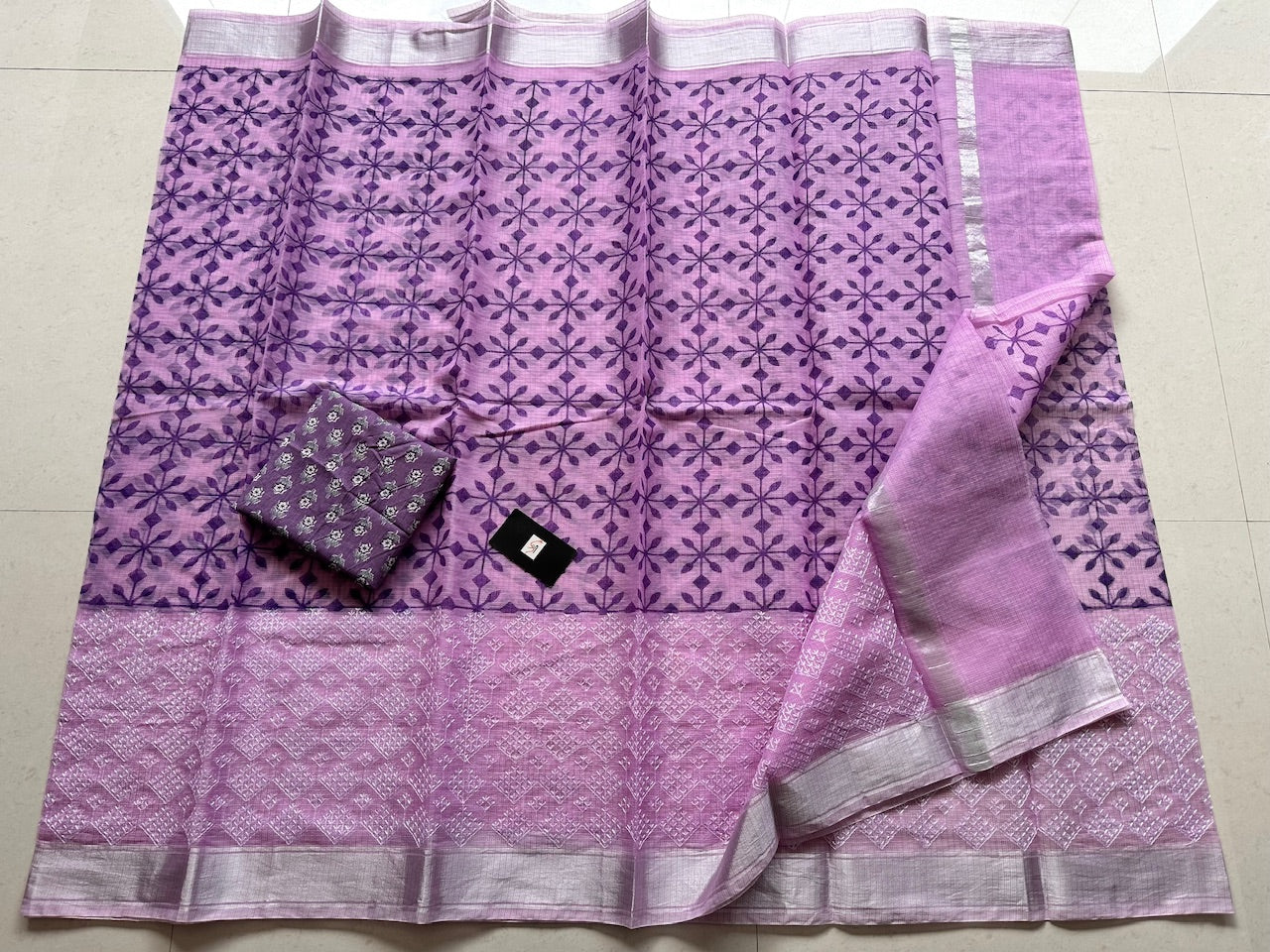 Embroidered HandBlock Printed Kota Cotton Doria Saree