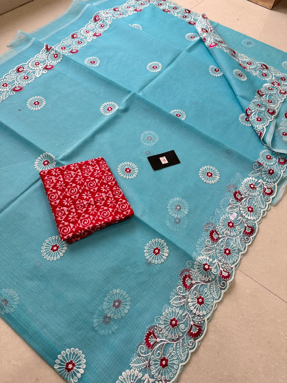 Embroidered Kota Cotton Doria Saree