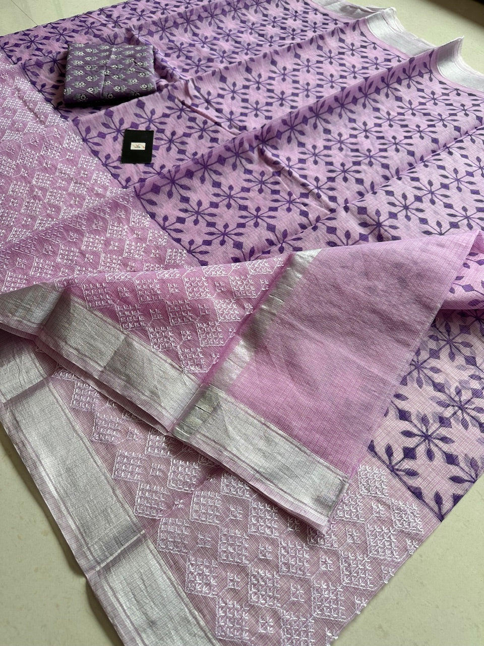 Embroidered HandBlock Printed Kota Cotton Doria Saree