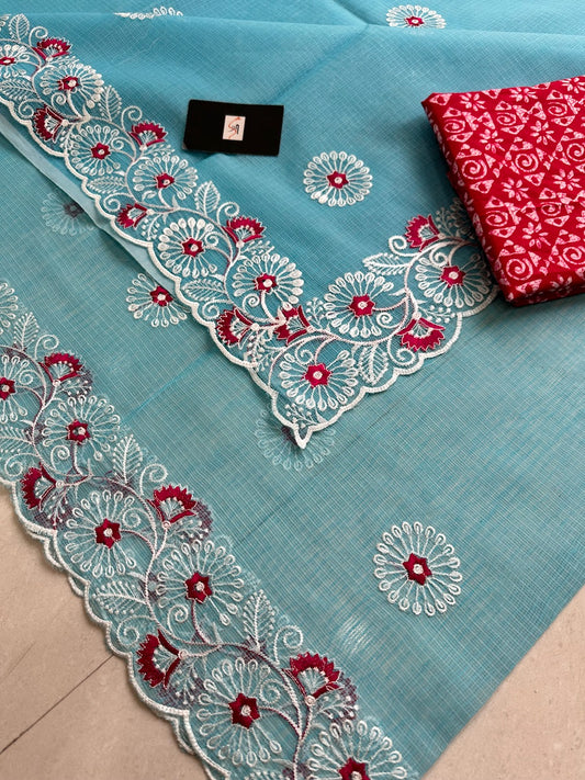 Embroidered Kota Cotton Doria Saree