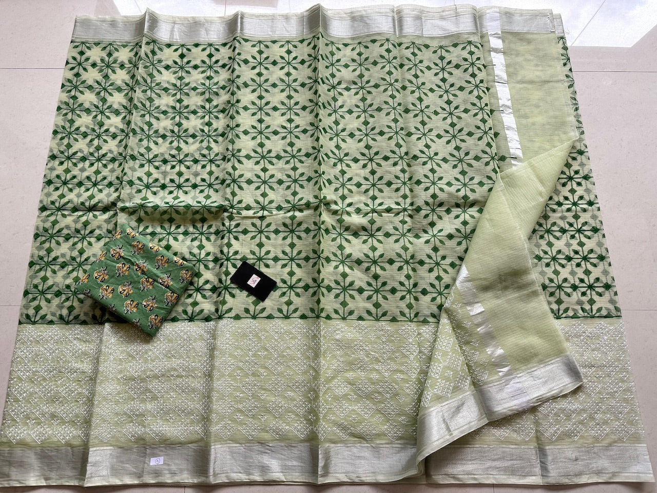 Embroidered HandBlock Printed Kota Cotton Doria Saree