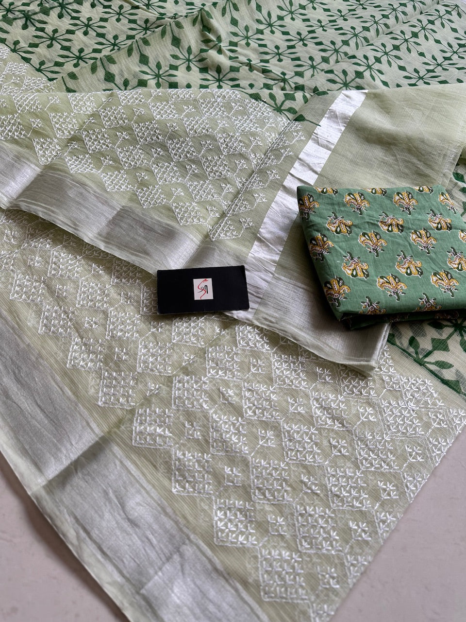 Embroidered HandBlock Printed Kota Cotton Doria Saree