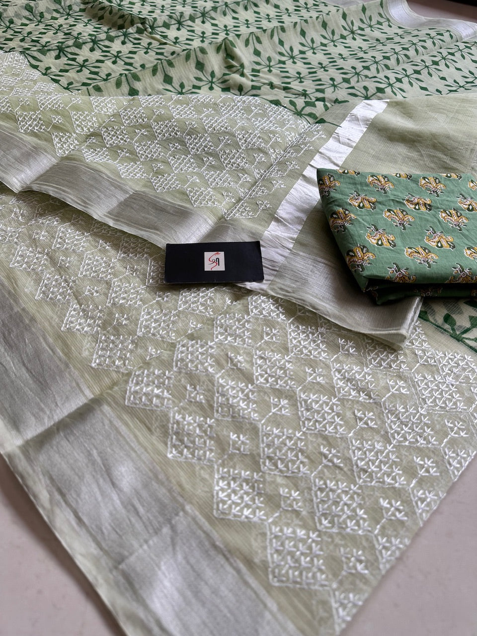 Embroidered HandBlock Printed Kota Cotton Doria Saree