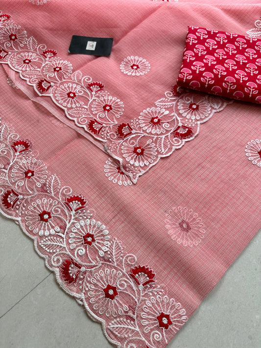 Embroidered Kota Cotton Doria Saree