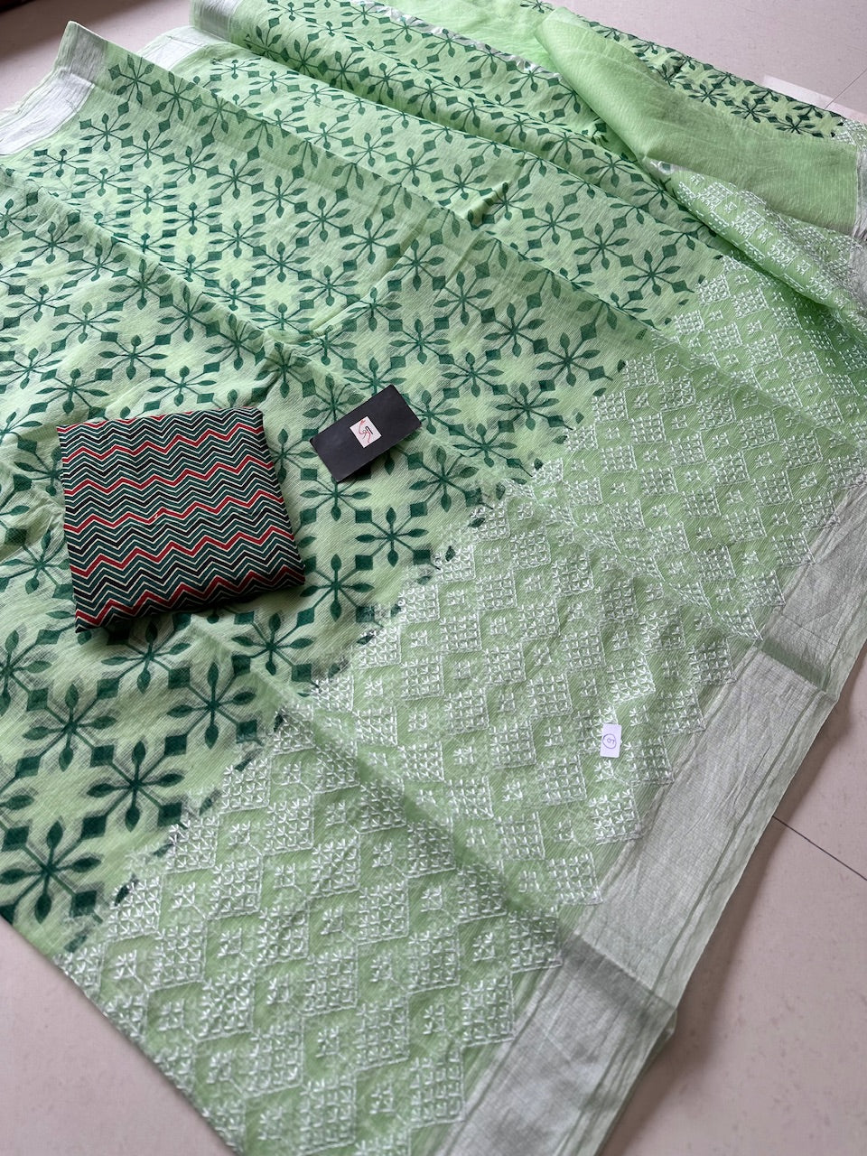 Embroidered HandBlock Printed Kota Cotton Doria Saree