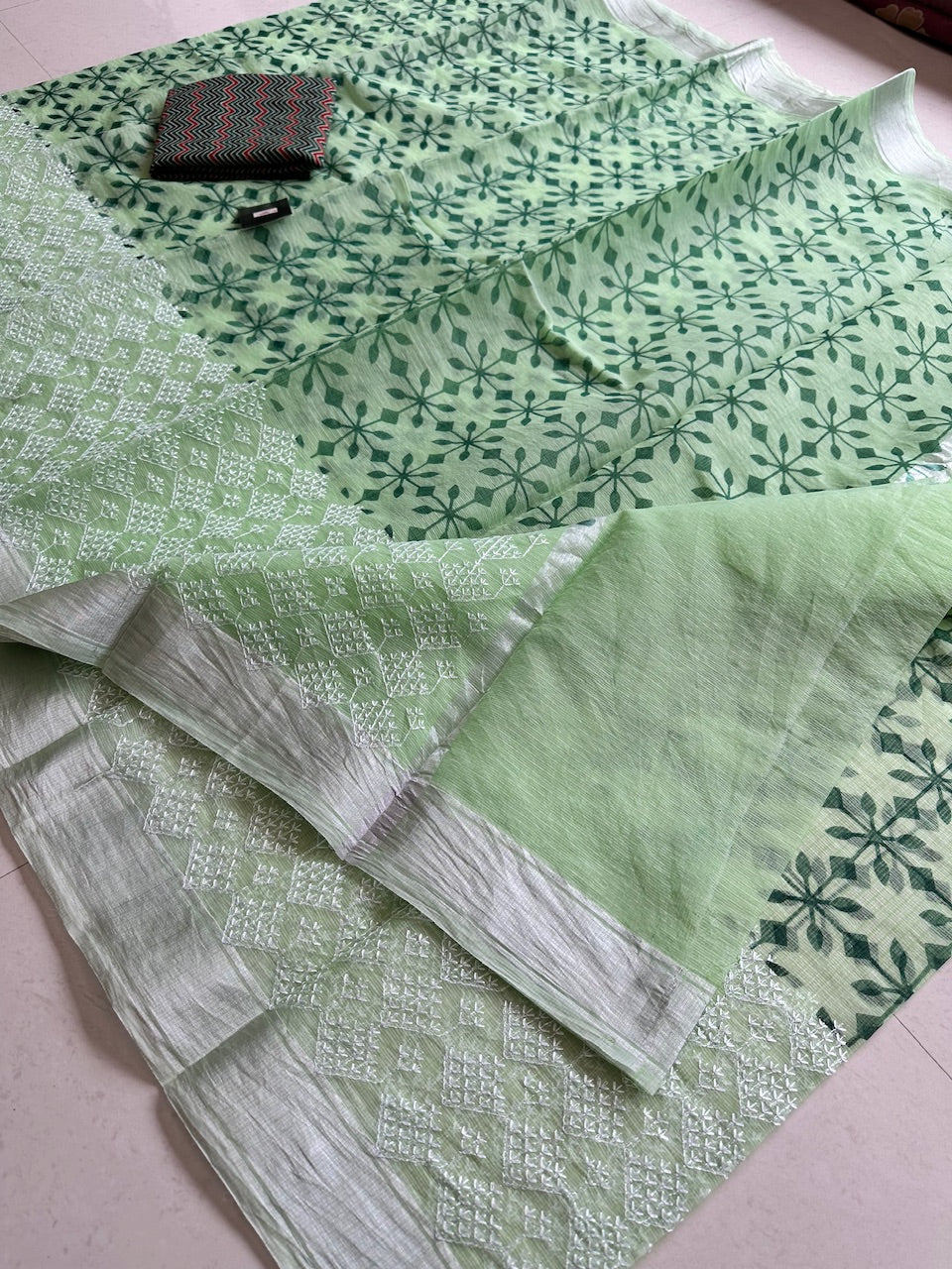 Embroidered HandBlock Printed Kota Cotton Doria Saree