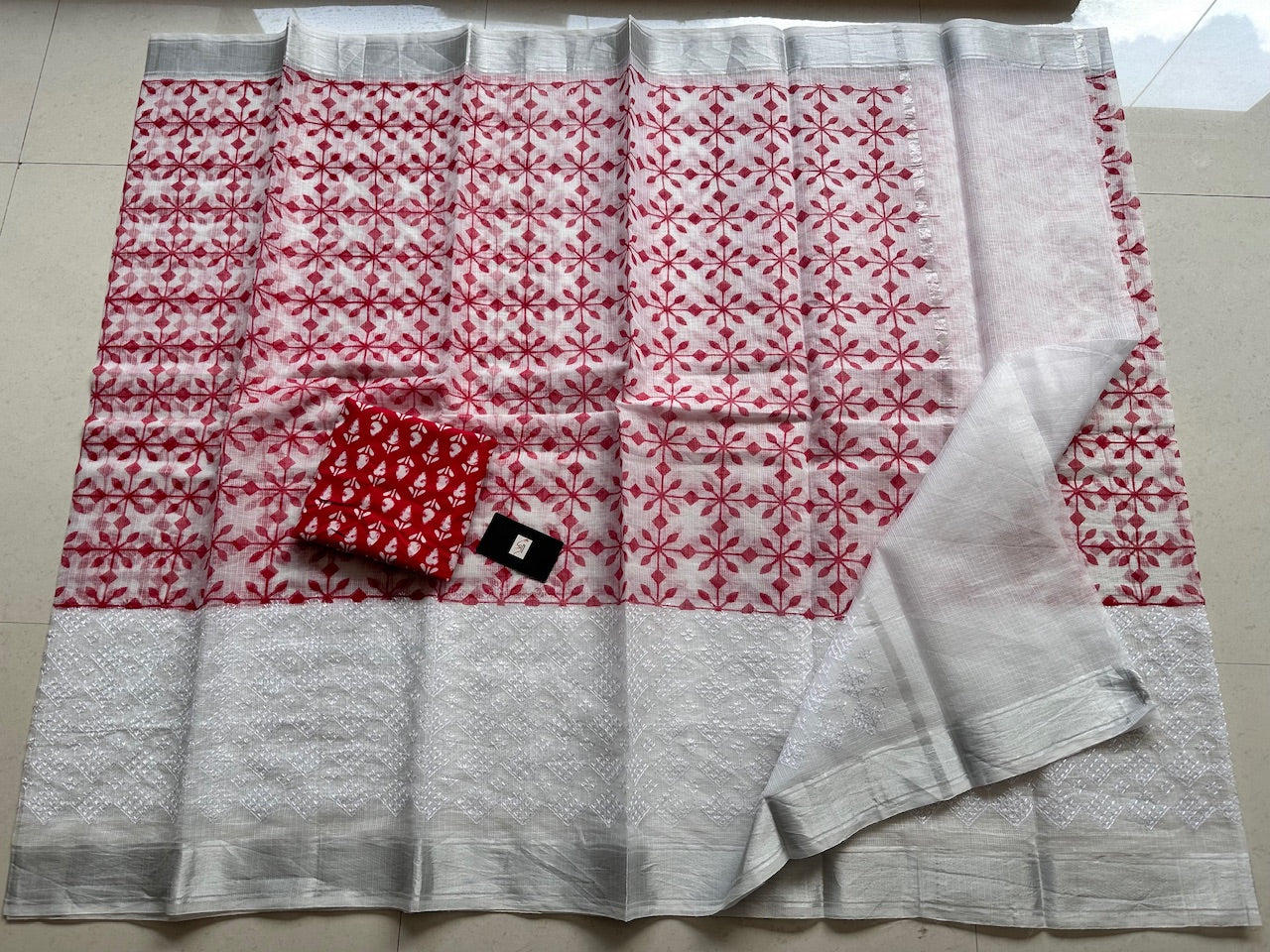 Embroidered HandBlock Printed Kota Cotton Doria Saree