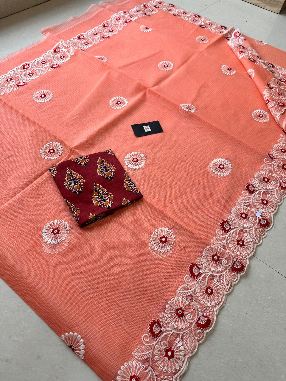 Embroidered Kota Cotton Doria Saree