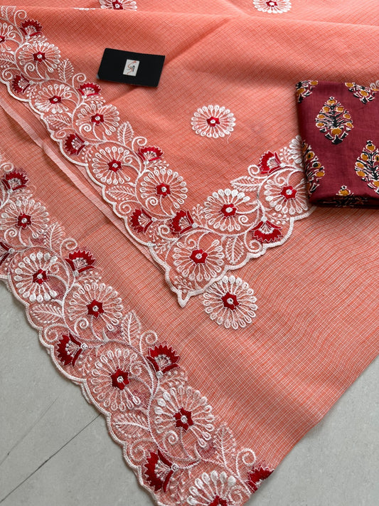 Embroidered Kota Cotton Doria Saree