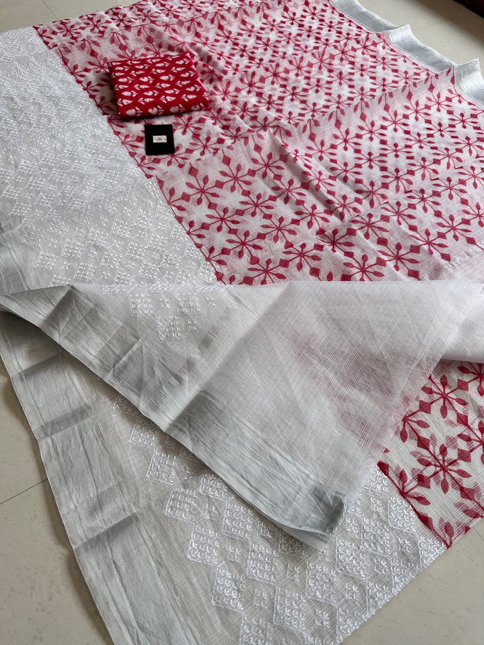 Embroidered HandBlock Printed Kota Cotton Doria Saree