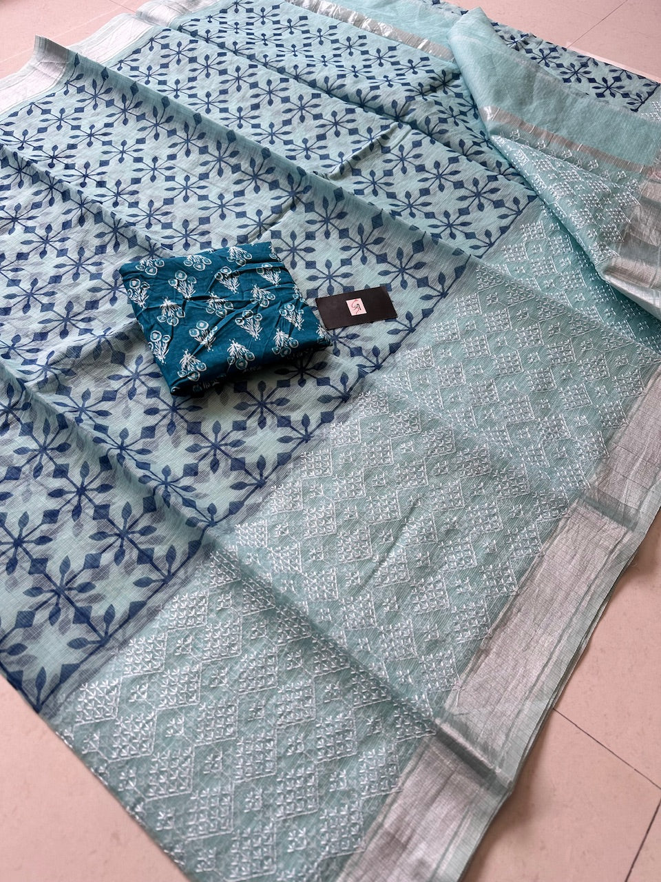 Embroidered HandBlock Printed Kota Cotton Doria Saree