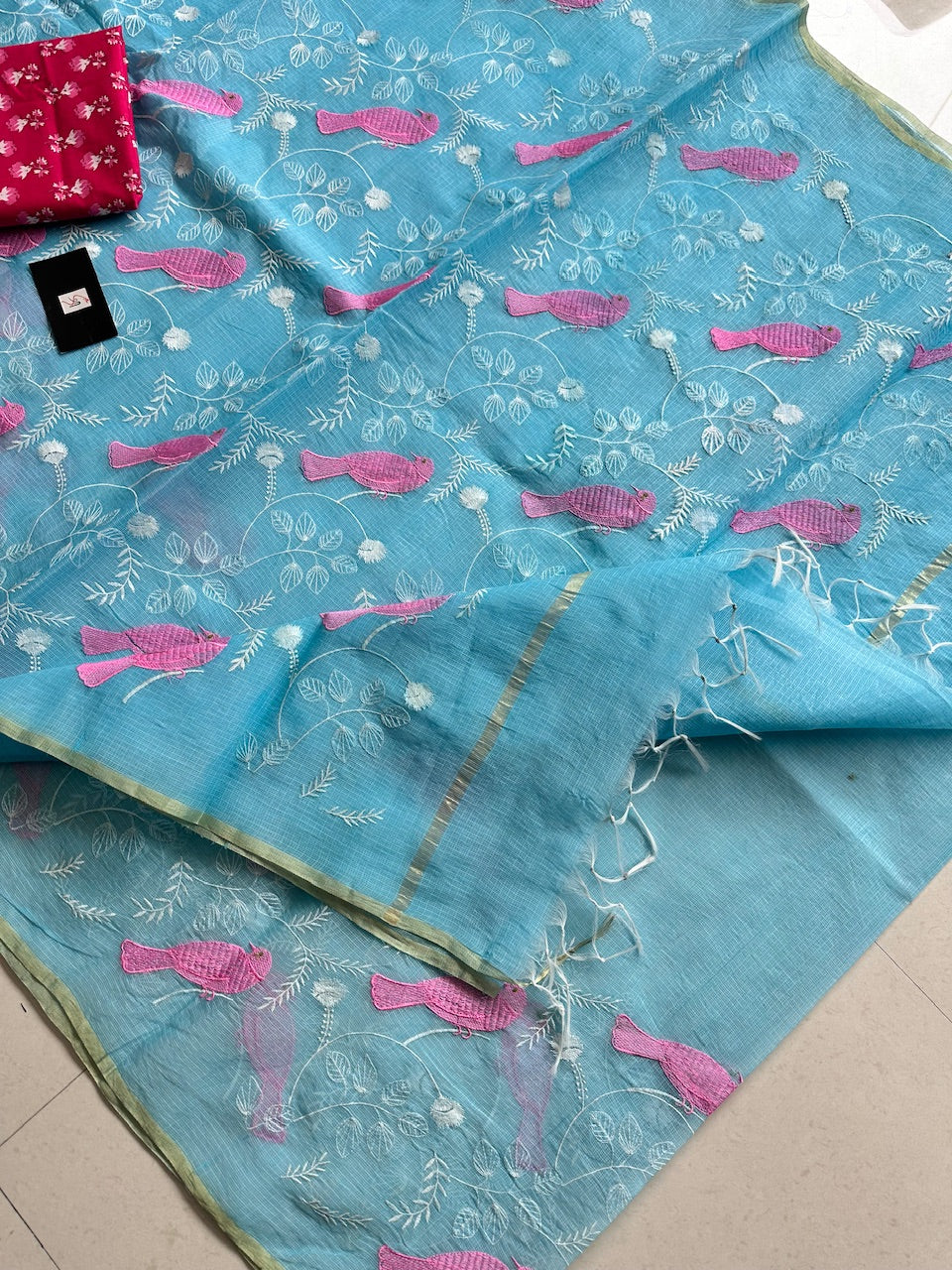 Embroidered Kota Cotton Doria Saree