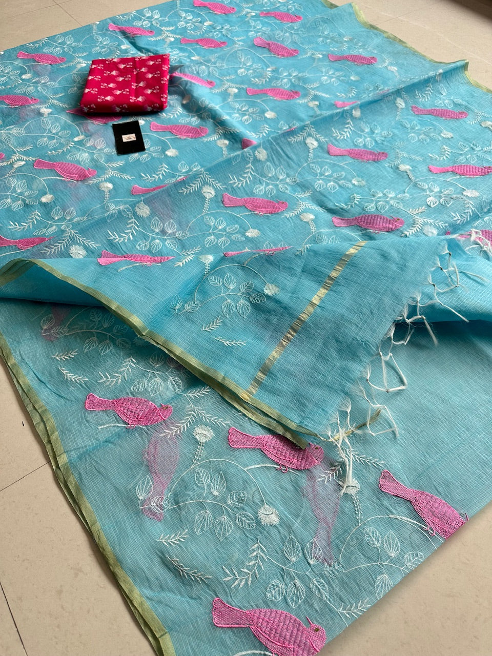 Embroidered Kota Cotton Doria Saree