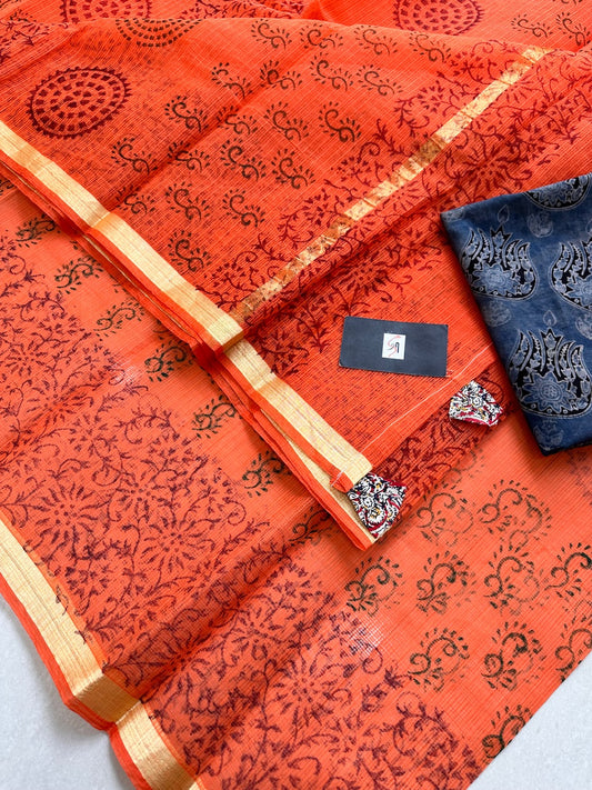 HandBlock Printed Kota Cotton Doria Saree