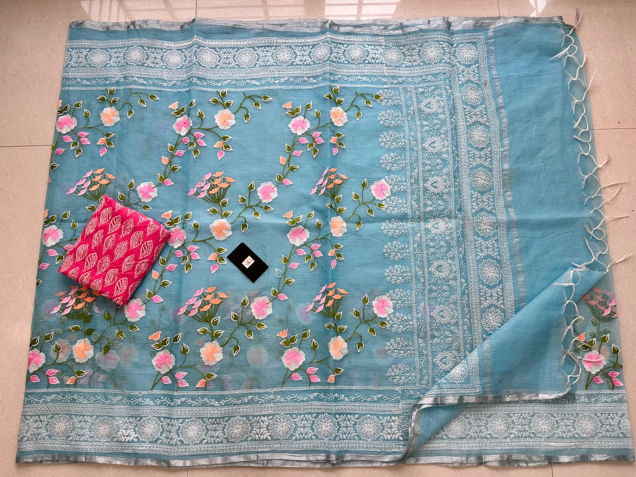 Embroidered Kota Cotton Doria Saree