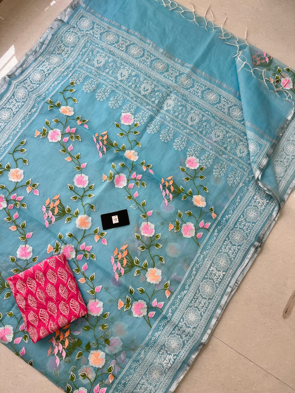 Embroidered Kota Cotton Doria Saree