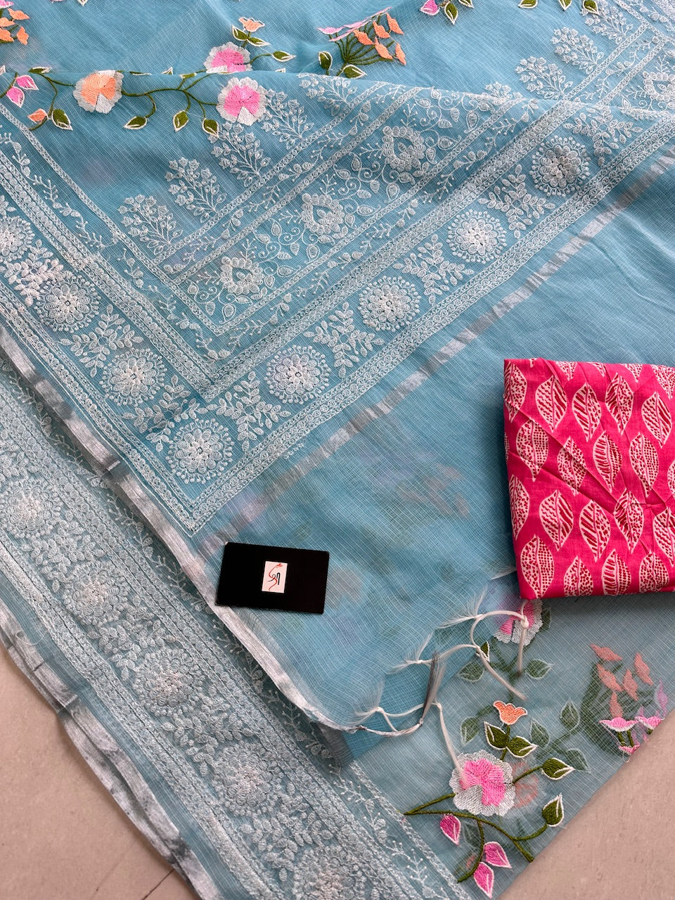 Embroidered Kota Cotton Doria Saree