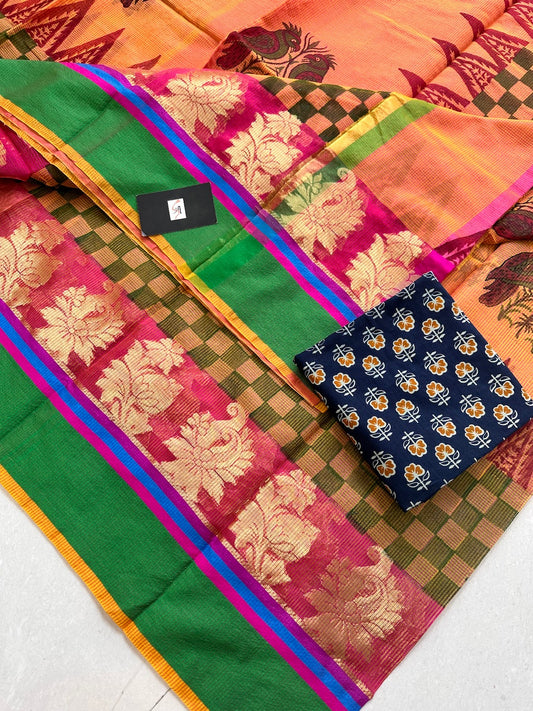 HandBlock Printed Kota Cotton Doria Saree