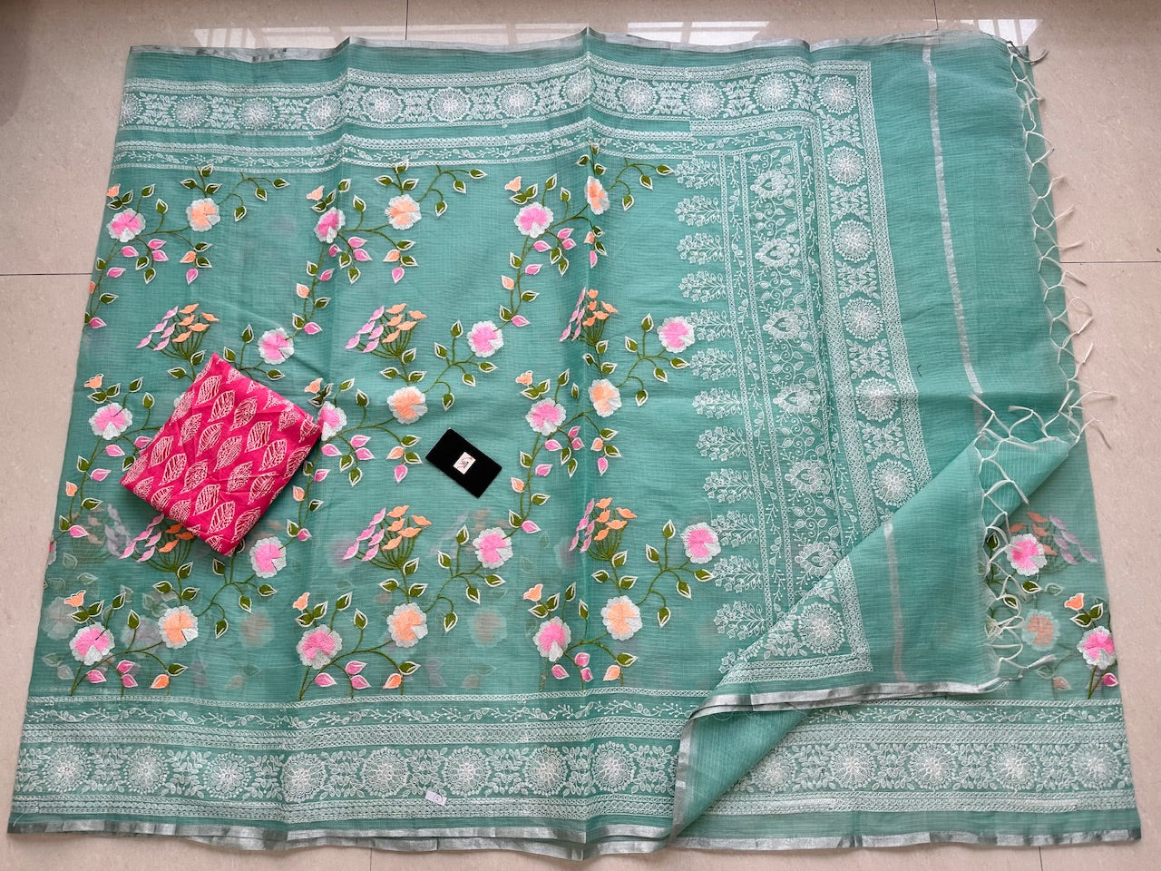 Embroidered Kota Cotton Doria Saree