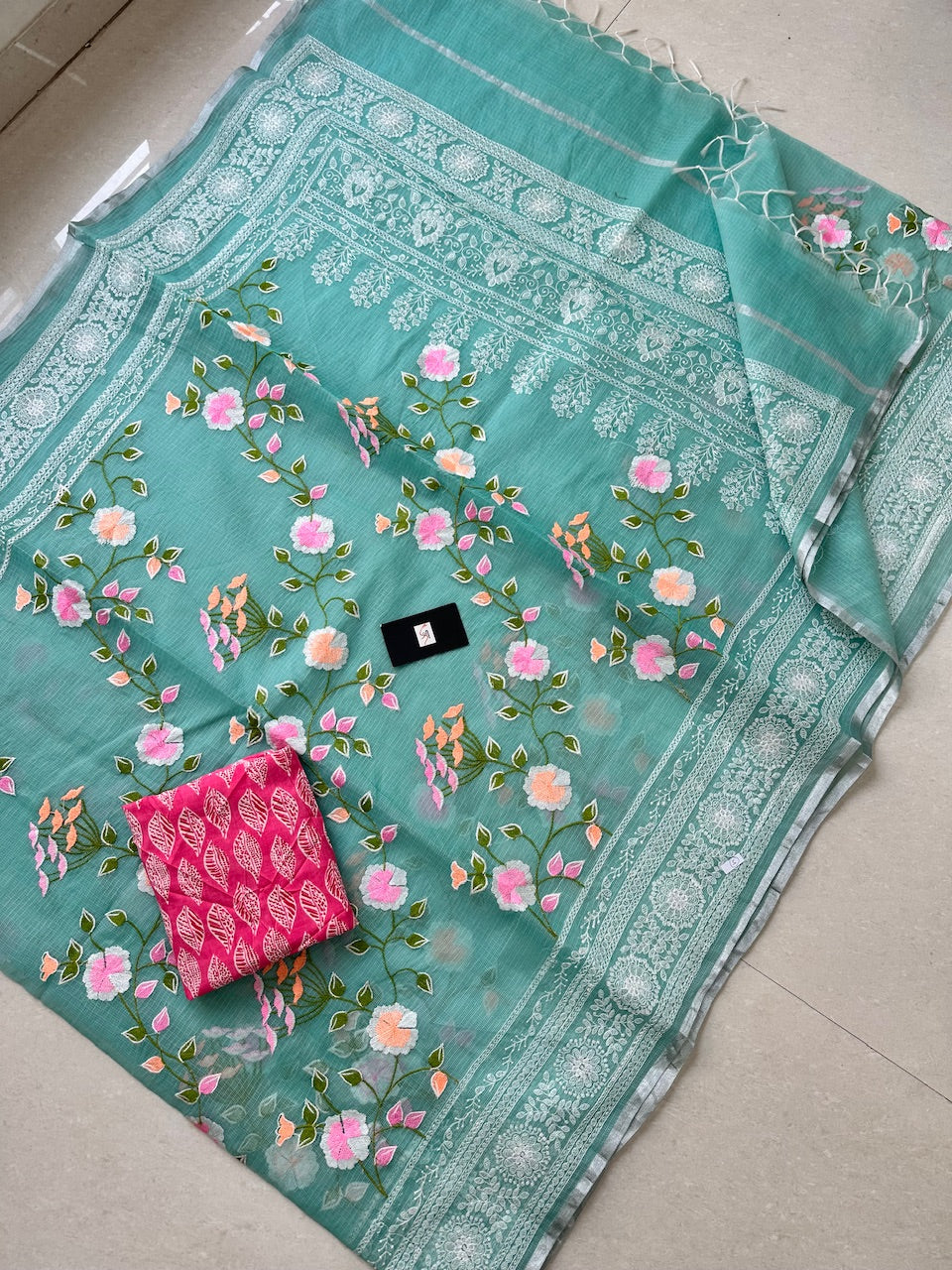 Embroidered Kota Cotton Doria Saree